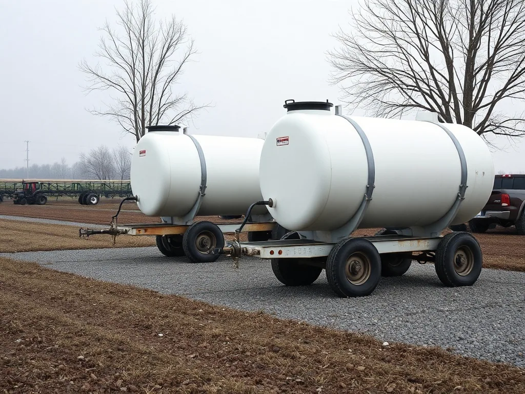 Two white anhydrous ammonia nurse tanks on wheeled running gear standing on gravel in a farm yard under a grey winter sky.