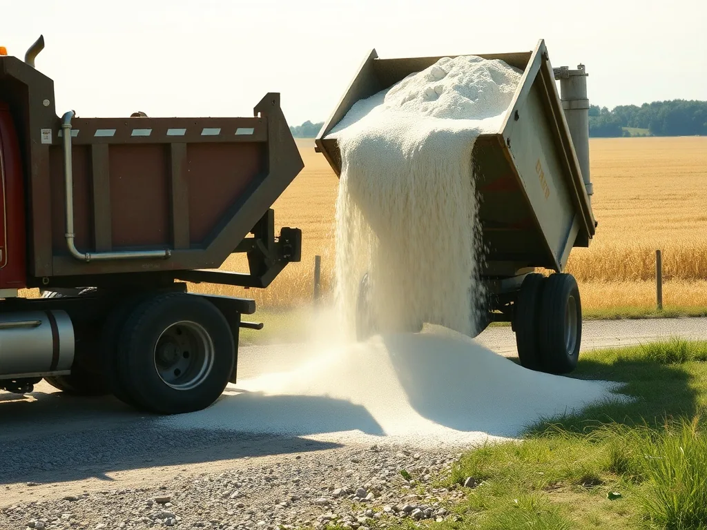 A dump truck tipping pale crushed agricultural lime out onto a gravel field entrance, dust in the sunlight, a ripe field behind.