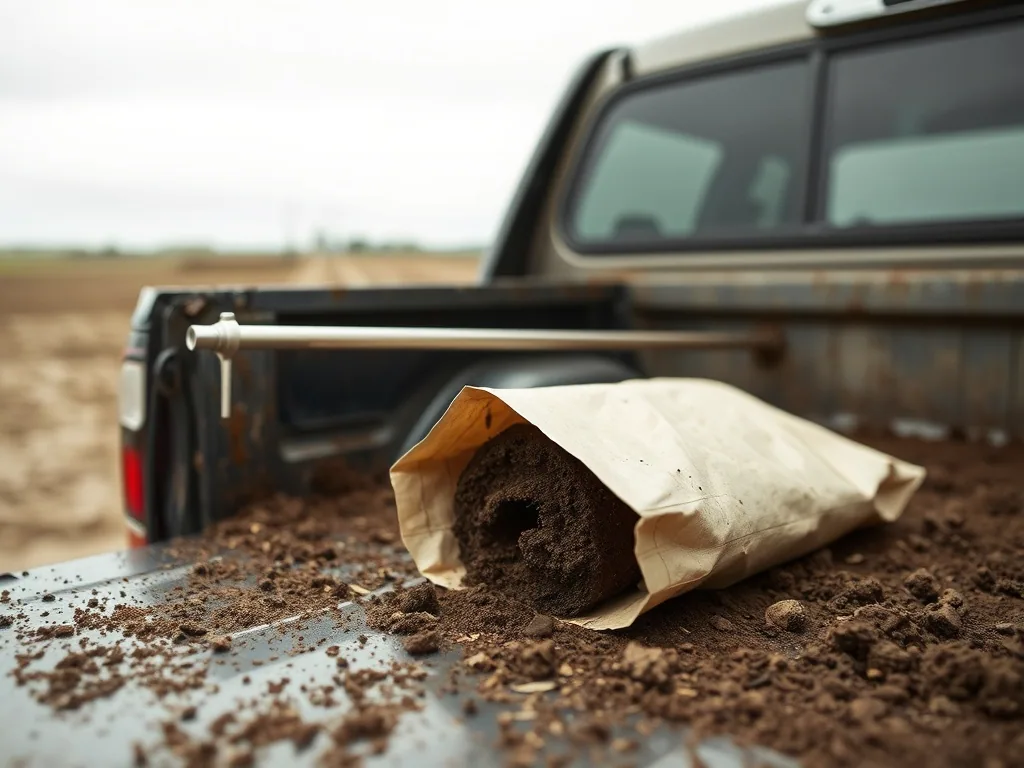A soil probe and a plain paper sample bag holding a dark soil core, lying on the tailgate of a mud splashed pickup at the edge of a field.